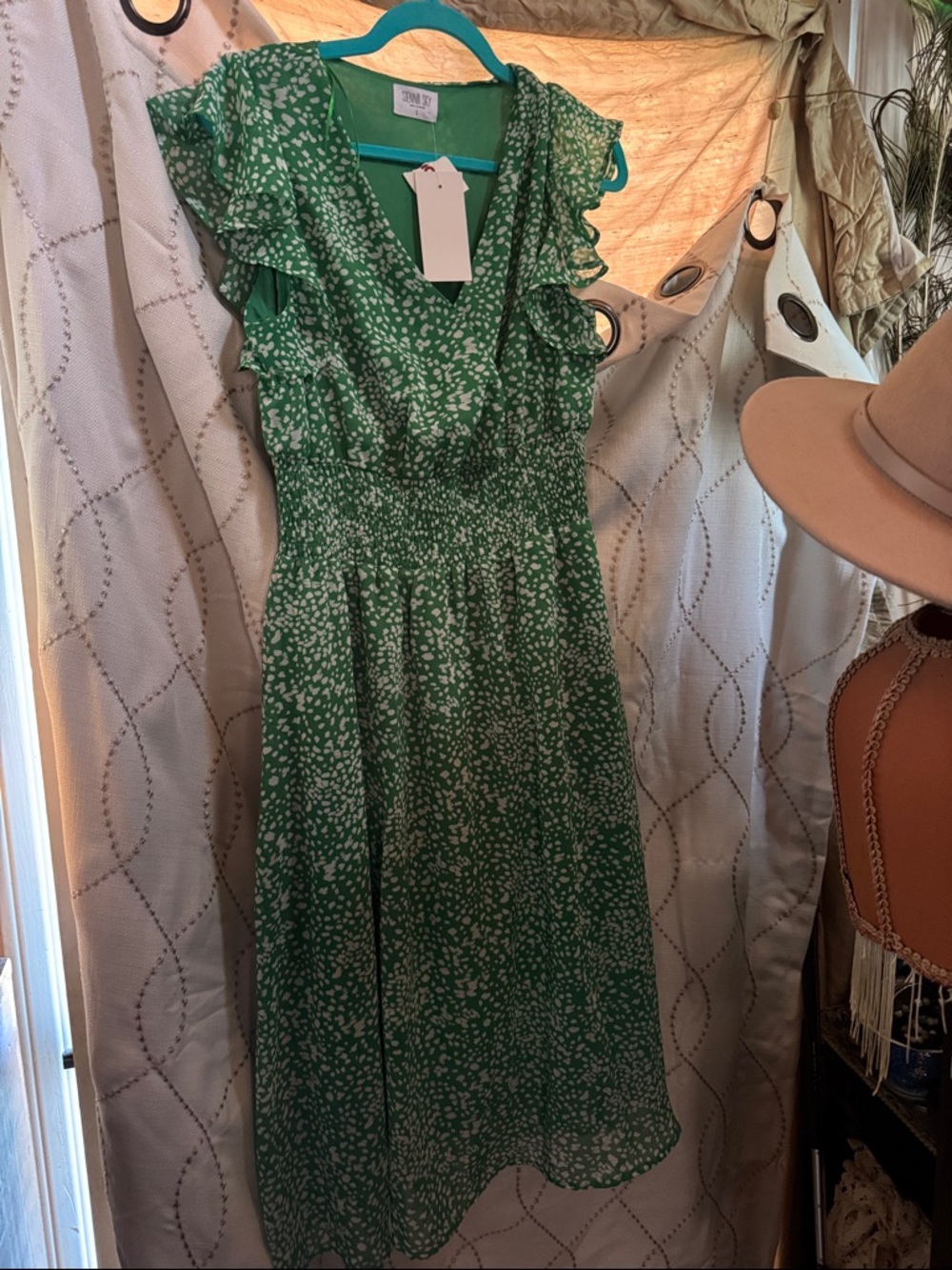 Sienna Sky Green and White Ruffle Midi Dress